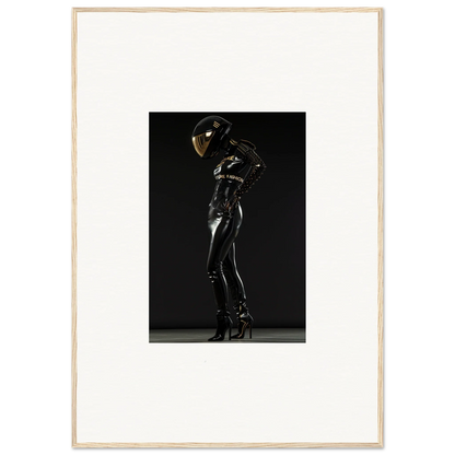 Figure in a shiny black bodysuit and helmet posed dramatically against a dark background.