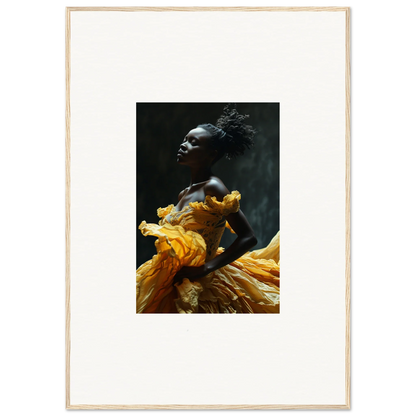 Striking portrait of a person wearing vibrant yellow fabric against a dark background.