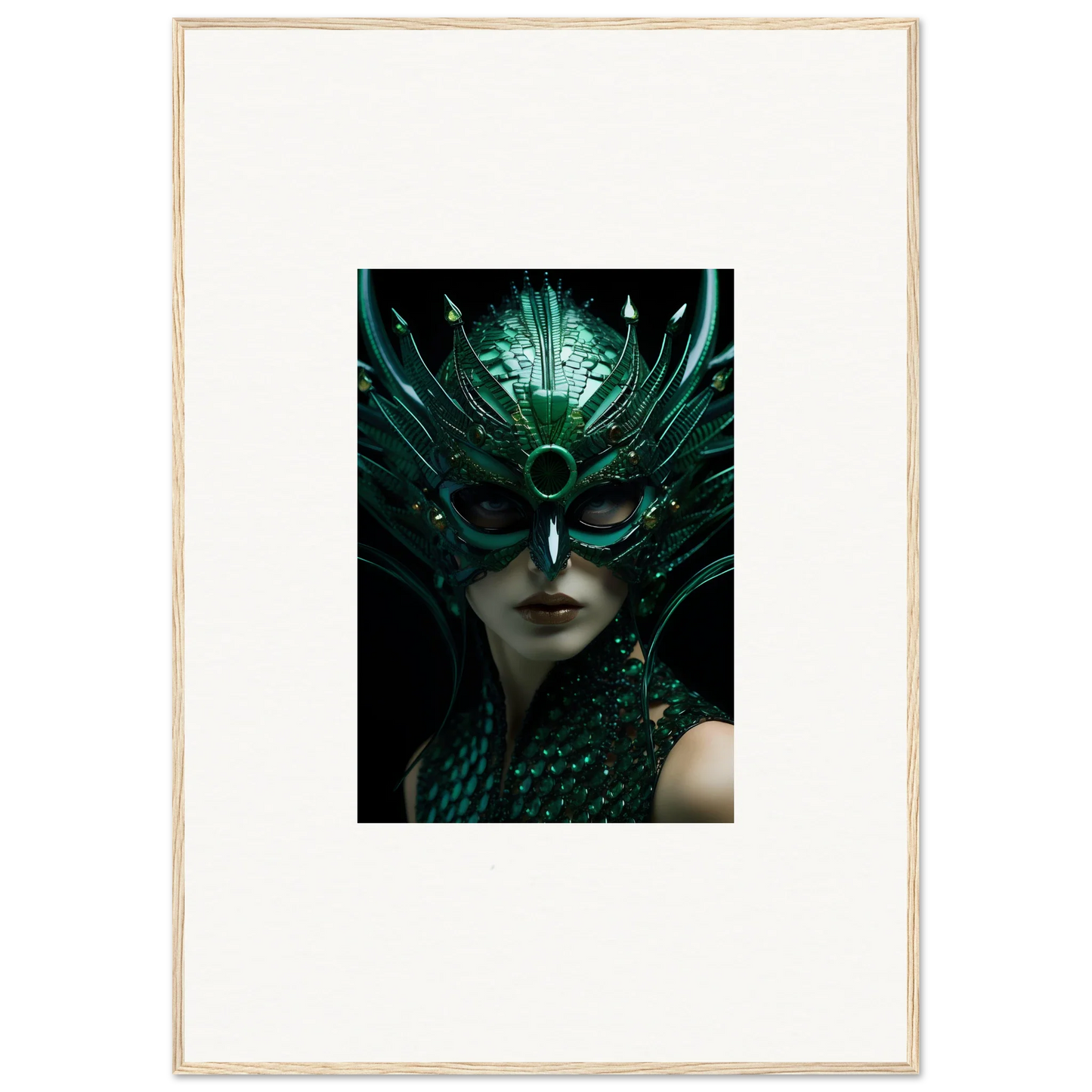 Ornate green mask with feathers, perfect for enigma enunciations room decoration canvas print