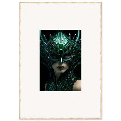 Ornate green mask with feathers, perfect for enigma enunciations room decoration canvas print