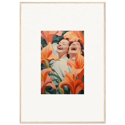 Framed wall art of laughing figures with orange lilies for fun room decoration