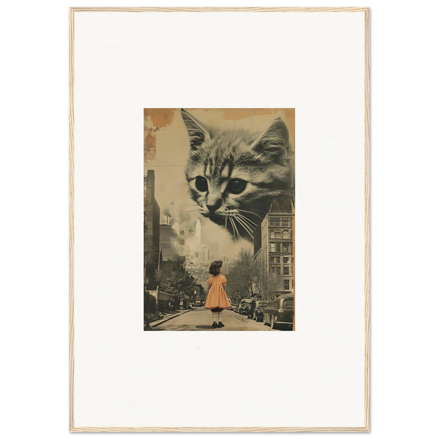 Framed canvas print of a giant cat over a city street, cool wall art for room decoration