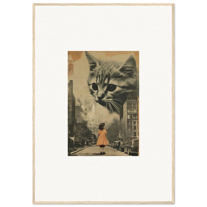 Framed canvas print of a giant cat over a city street, cool wall art for room decoration