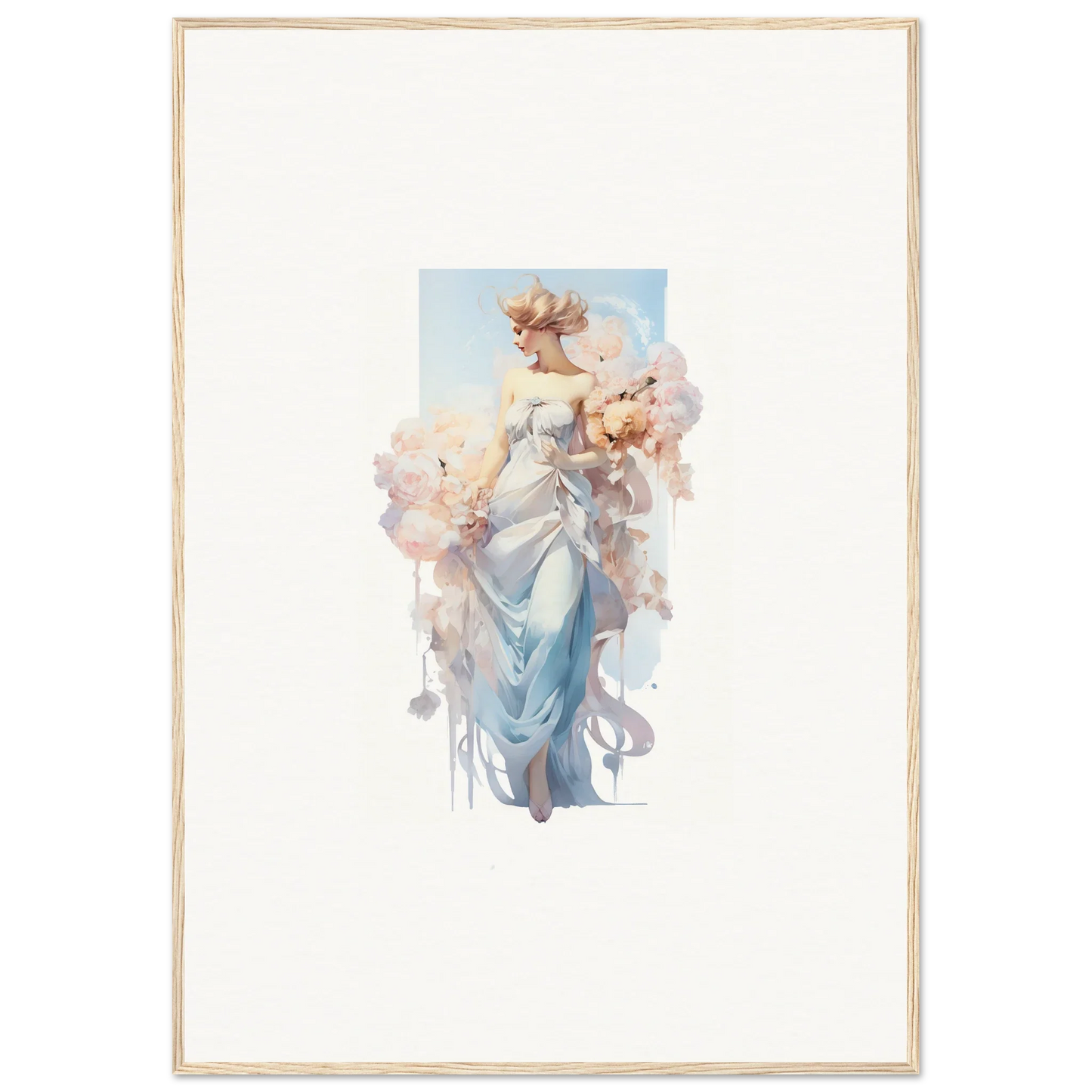 Watercolor canvas print of a graceful woman in a blue dress for bouquet waltz room decoration