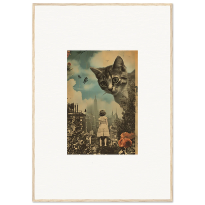 Surreal canvas print of a giant cat’s face over a city, perfect room decoration