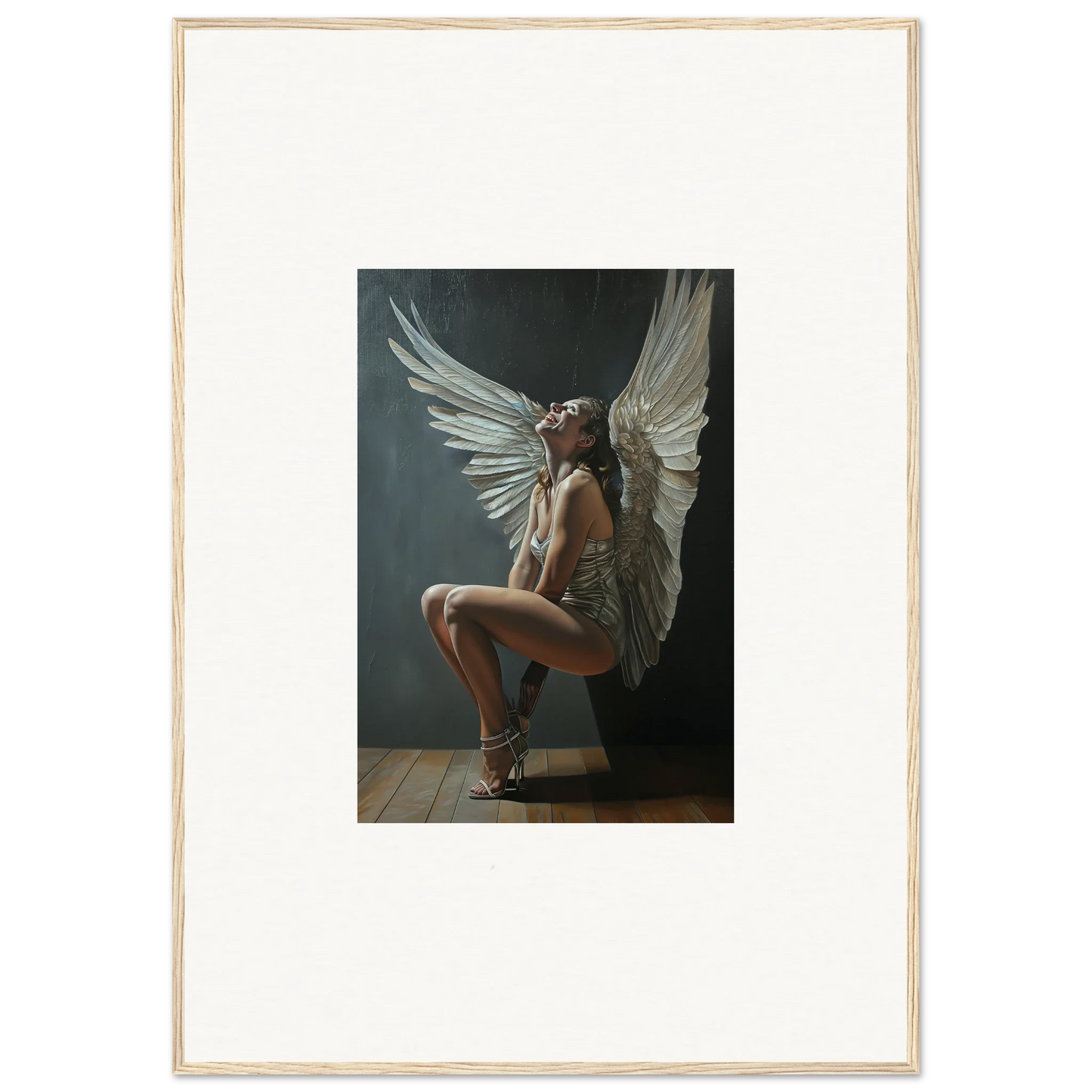 Nude figure with large white wings crouching on a wooden floor for Heavenly Weakened Psalms