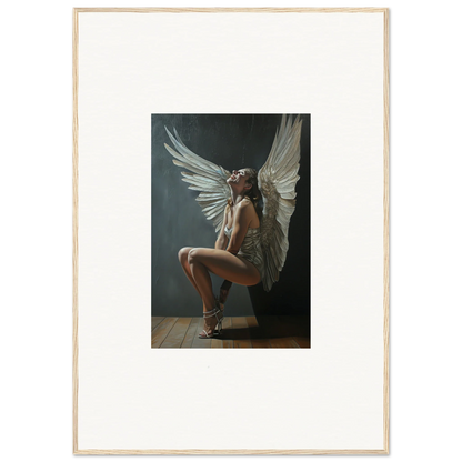 Nude figure with large white wings crouching on a wooden floor for Heavenly Weakened Psalms