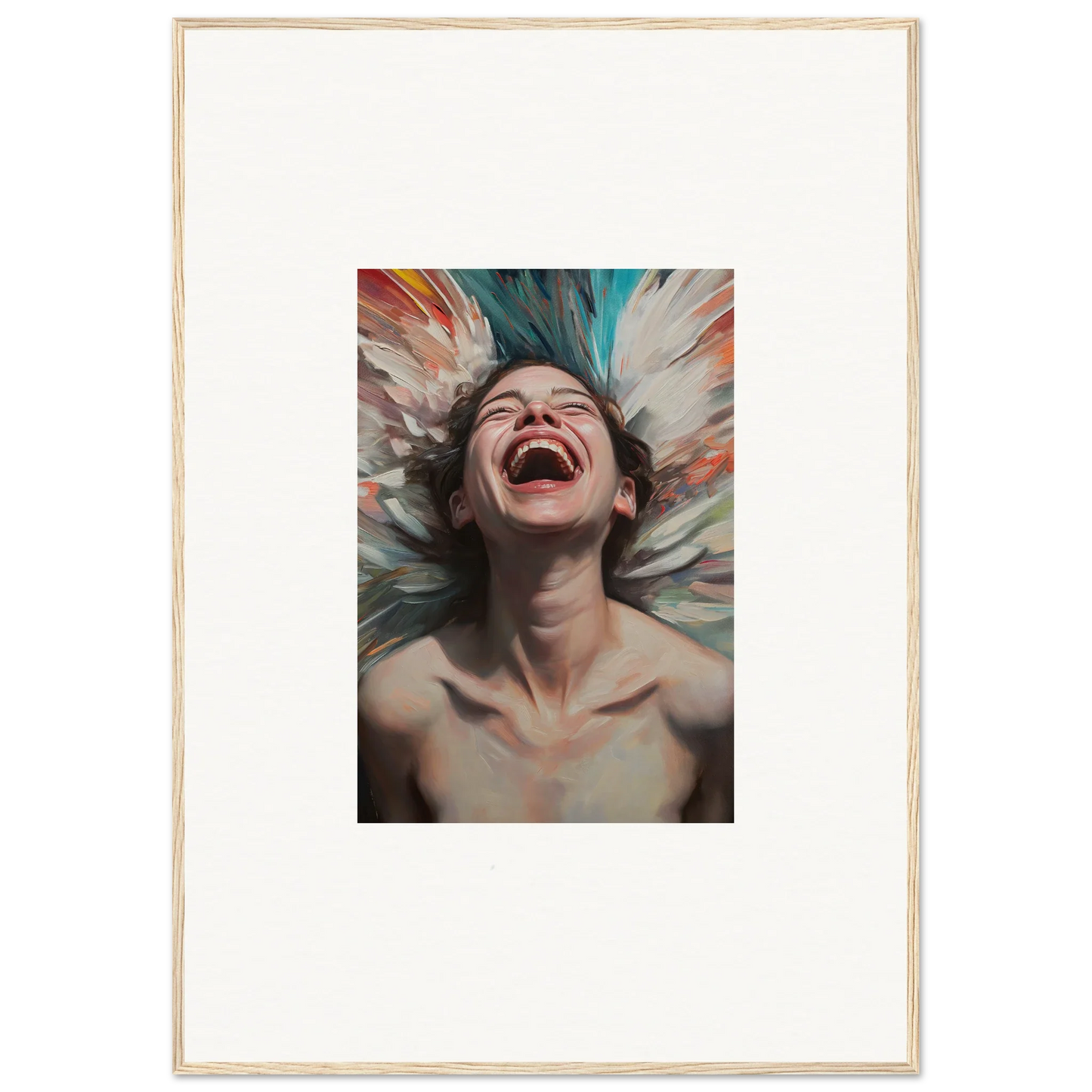 Exuberant person laughing joyfully in a vibrant Aura Bloom canvas print for room decoration