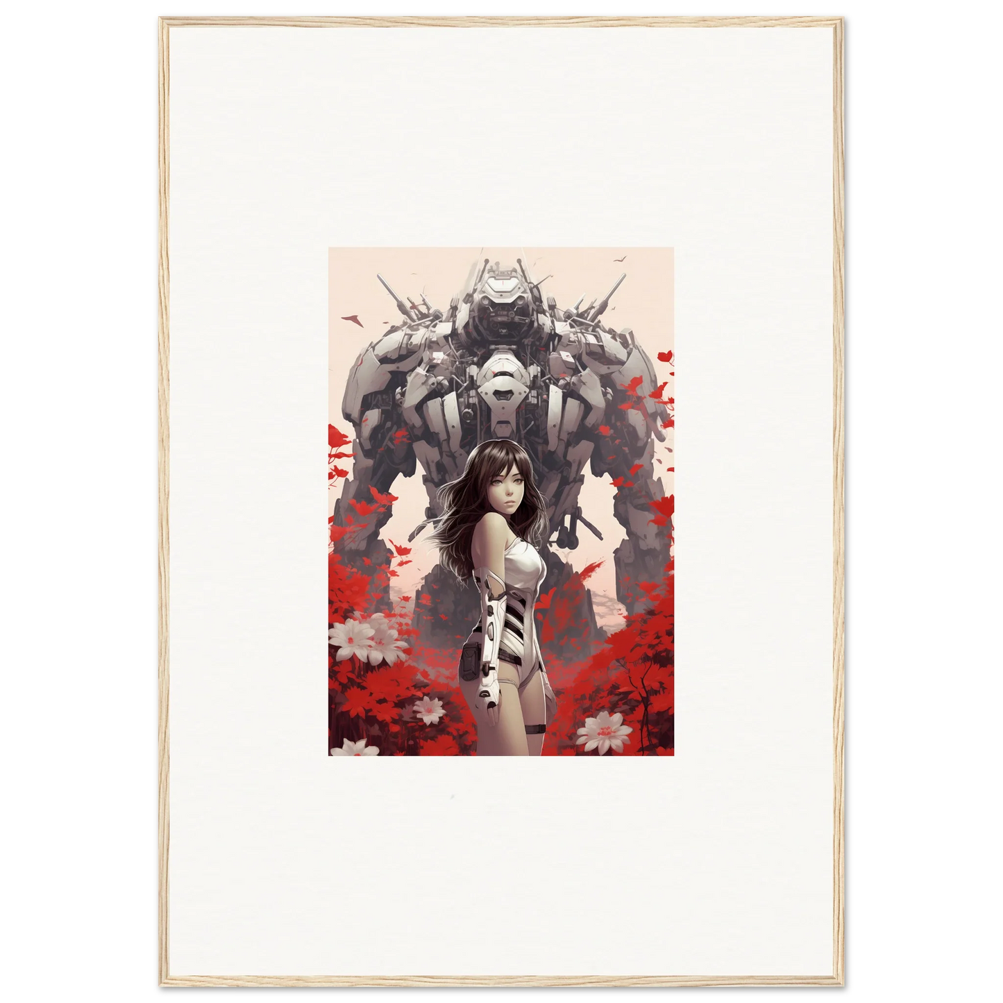 Framed canvas print of a woman and robot art, perfect for your Poppy Lucidity room decoration