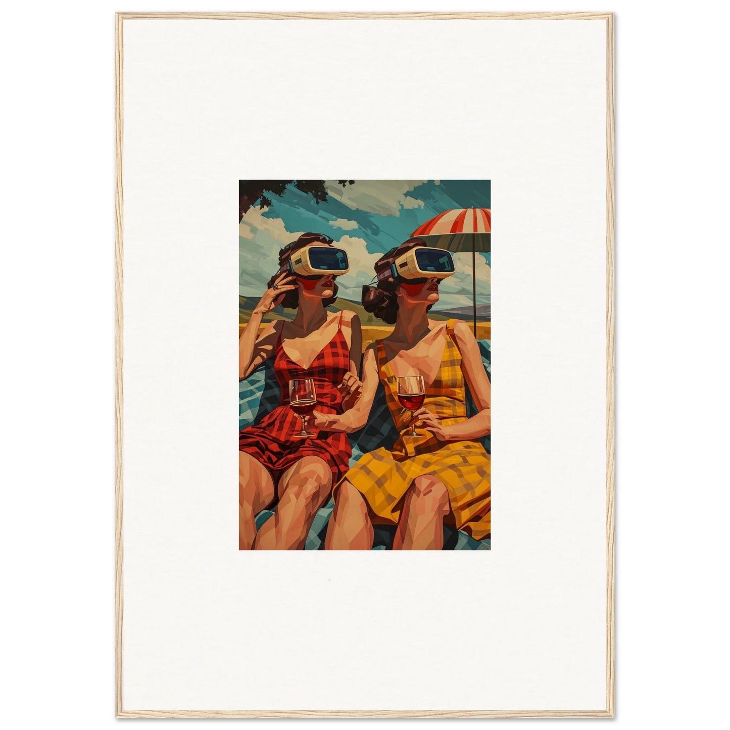 Vintage-style illustration of women in swimsuits enjoying morning sunshine in VR at the beach