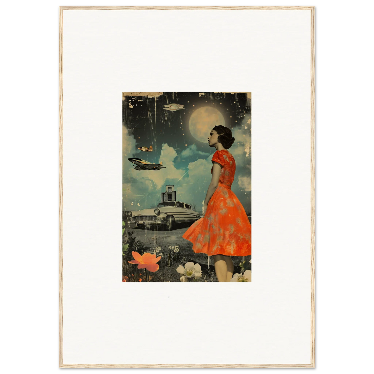 Vintage woman in red-orange dress under a surreal night sky for room decoration canvas print