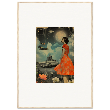 Vintage woman in red-orange dress under a surreal night sky for room decoration canvas print