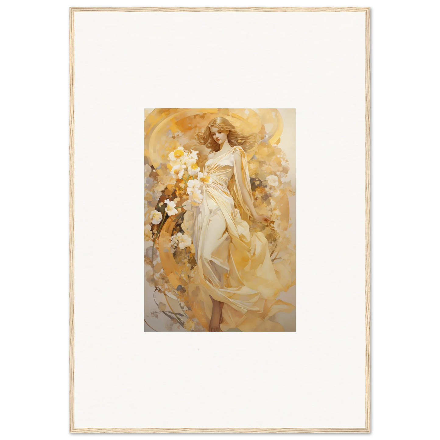 Framed canvas print of an ethereal symphony with a woman in a flowing dress