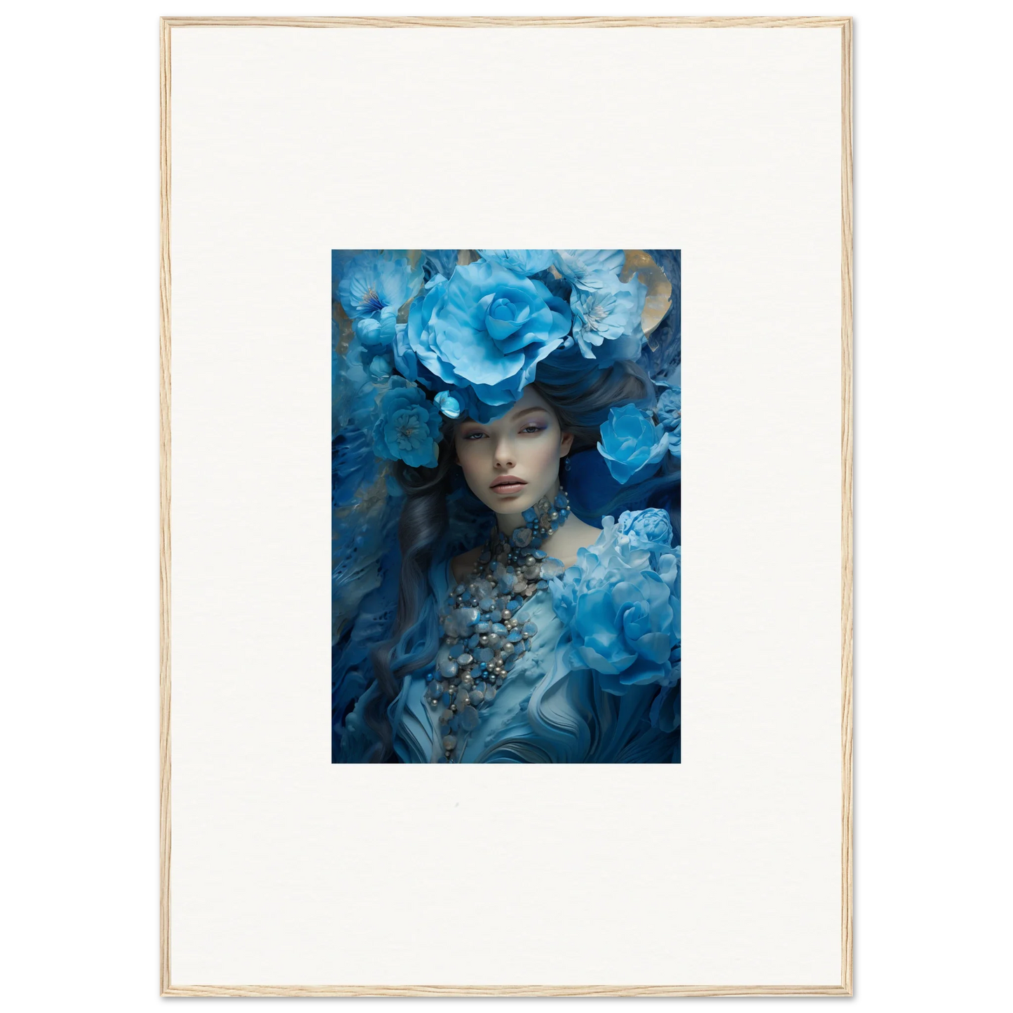 Framed canvas print of Dreaming Blue Symphony with blue floral figure for room decoration