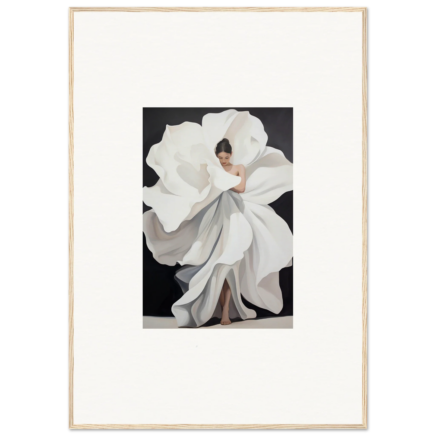 Woman in a white dress like a blooming flower for Petal Whispers canvas print decor