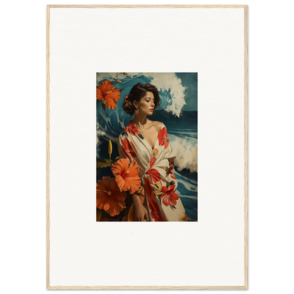 Portrait of a woman in a floral robe for coastal room decoration, Musing Cascade canvas print