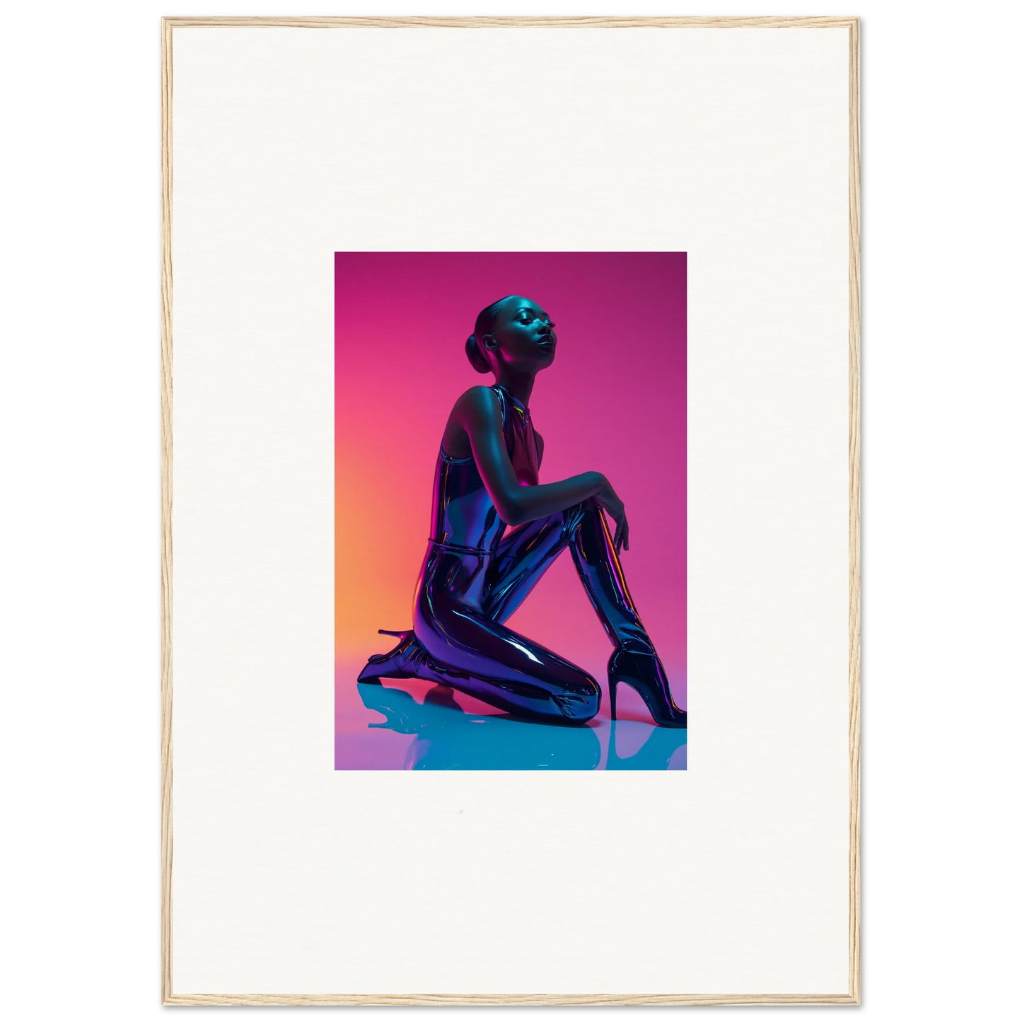 Silhouette of a kneeling figure on a vibrant canvas print for Neon Vortex room decoration