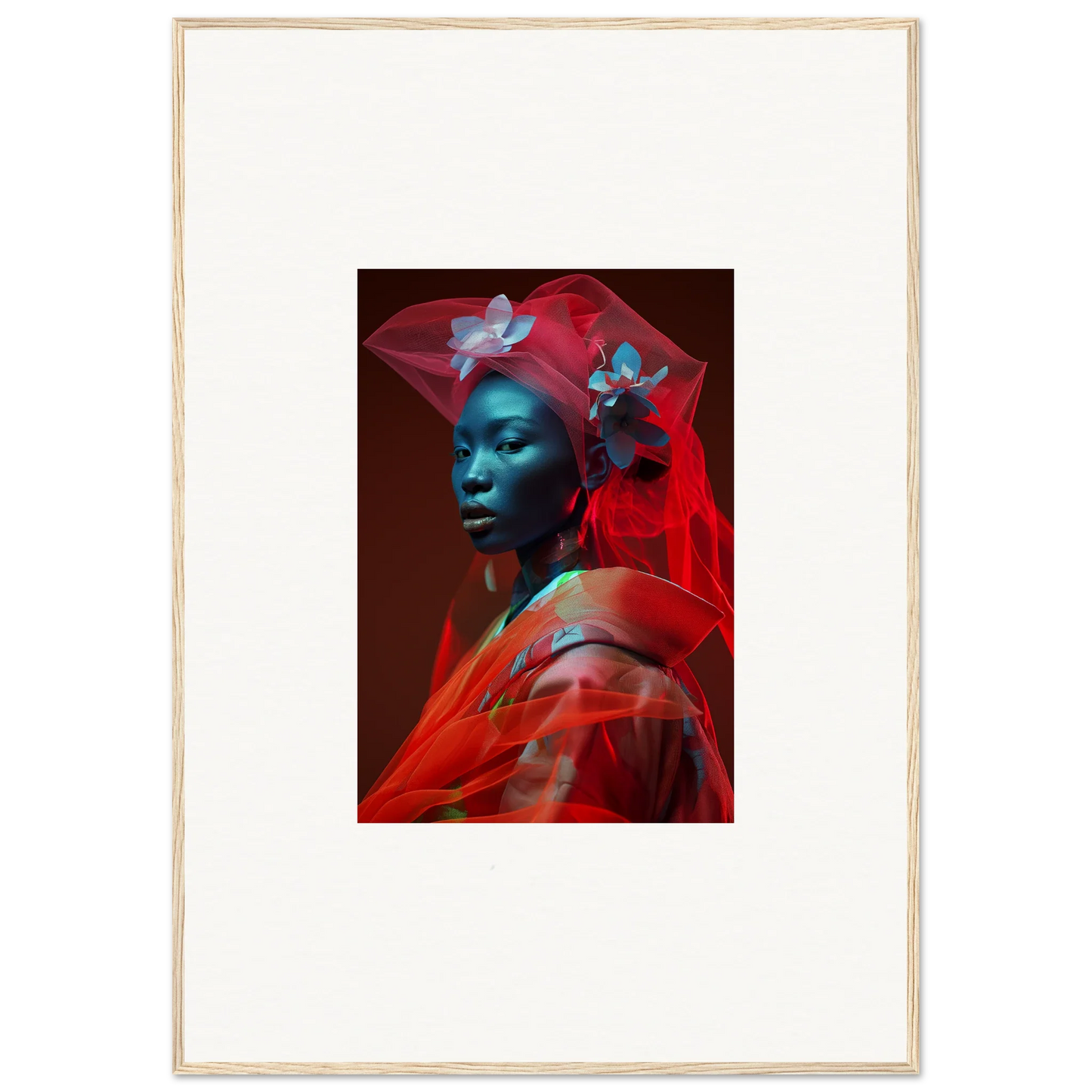 Portrait of a person with blue-tinted skin wrapped in red fabric, perfect for velvet botanicals room decoration