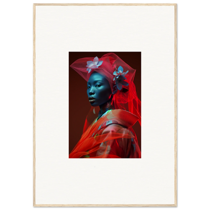 Portrait of a person with blue-tinted skin wrapped in red fabric, perfect for velvet botanicals room decoration