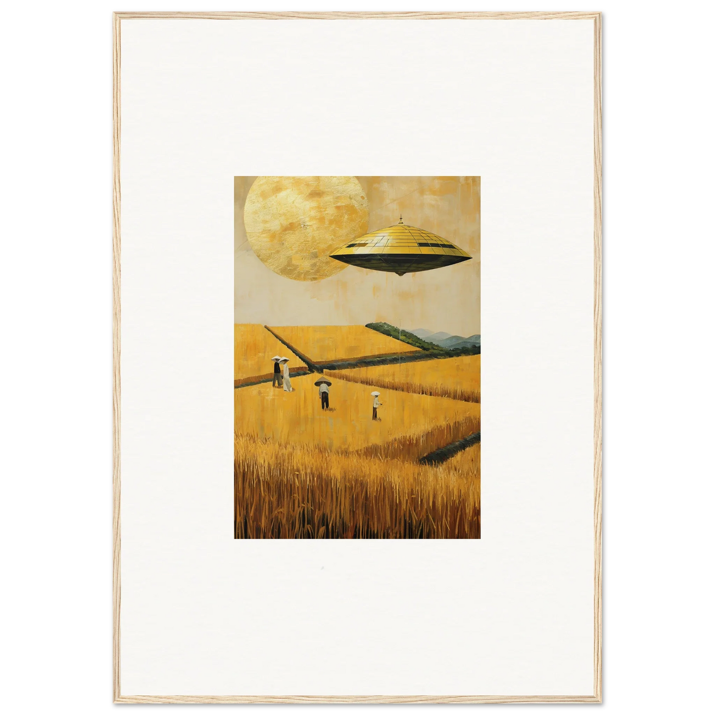 Framed canvas print of a UFO over a melancholy field, perfect room decoration