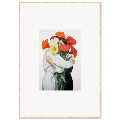 Framed canvas print of a figure in a Floral Vortex Embrace with vibrant poppies