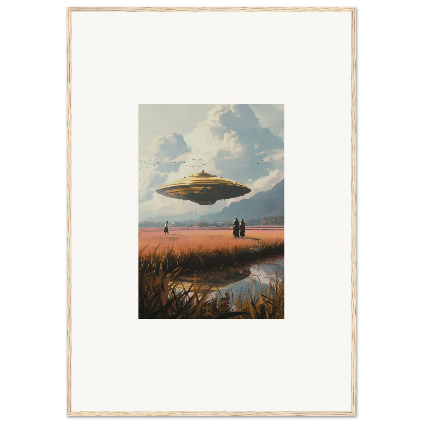 Flying saucer-shaped UFO hovering in the sky for a cool Drifting Suns canvas print