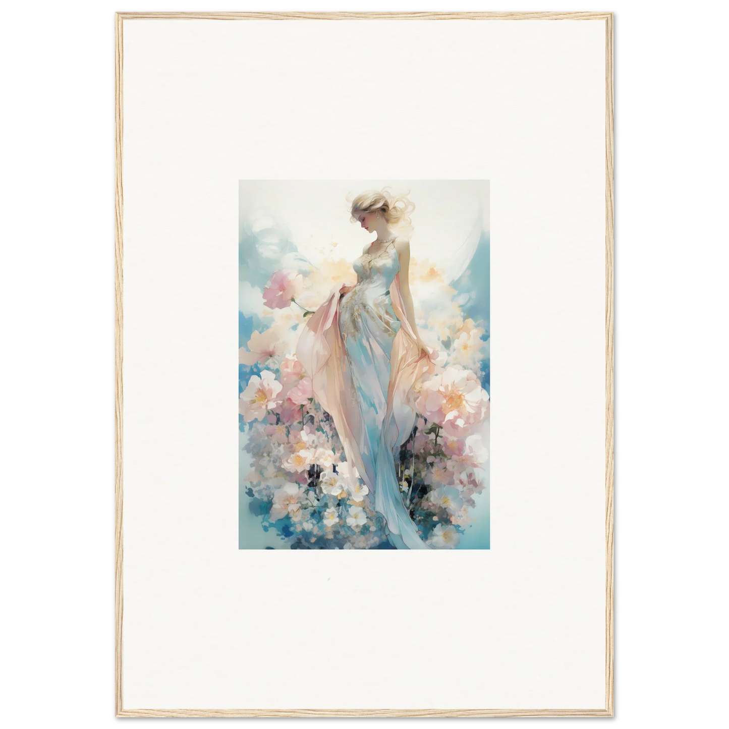 Ethereal watercolor painting of a woman in floral dress for room decoration canvas print