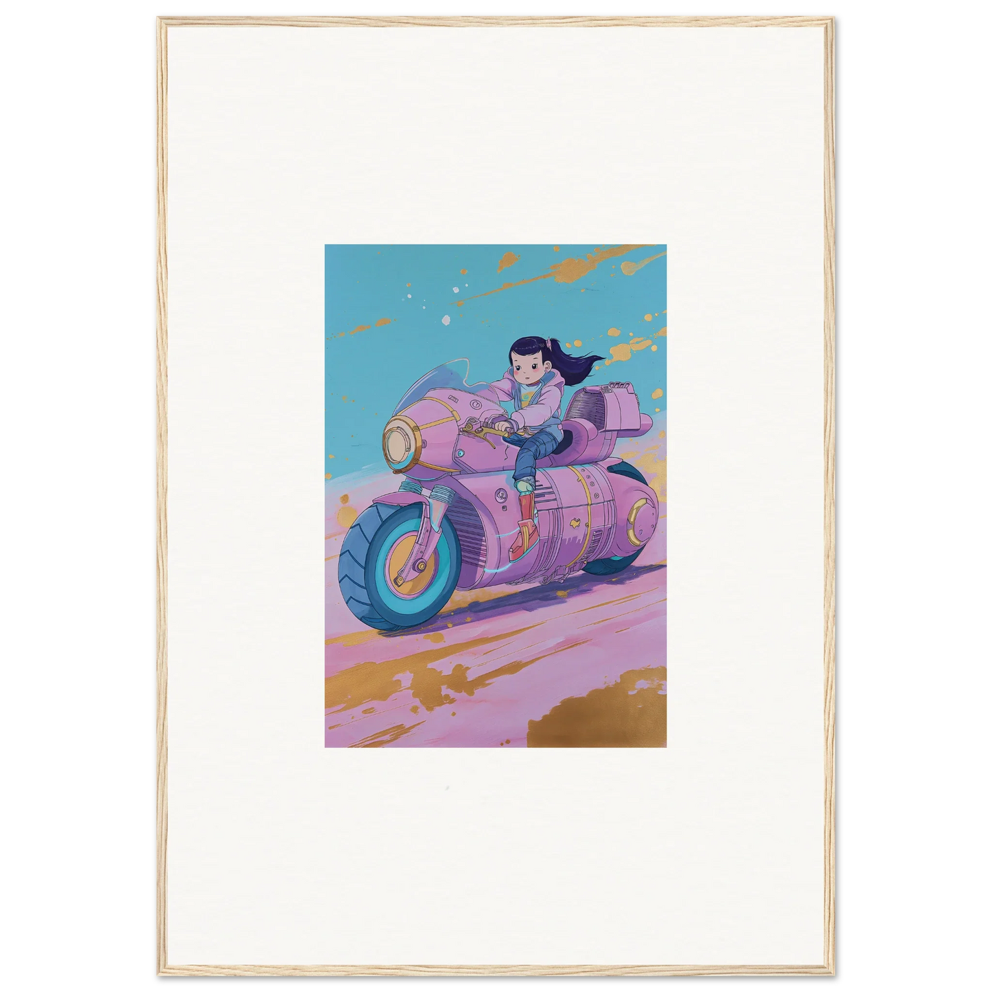 Stylized illustration of a person on a pink motorcycle for Paintfall Venture canvas print