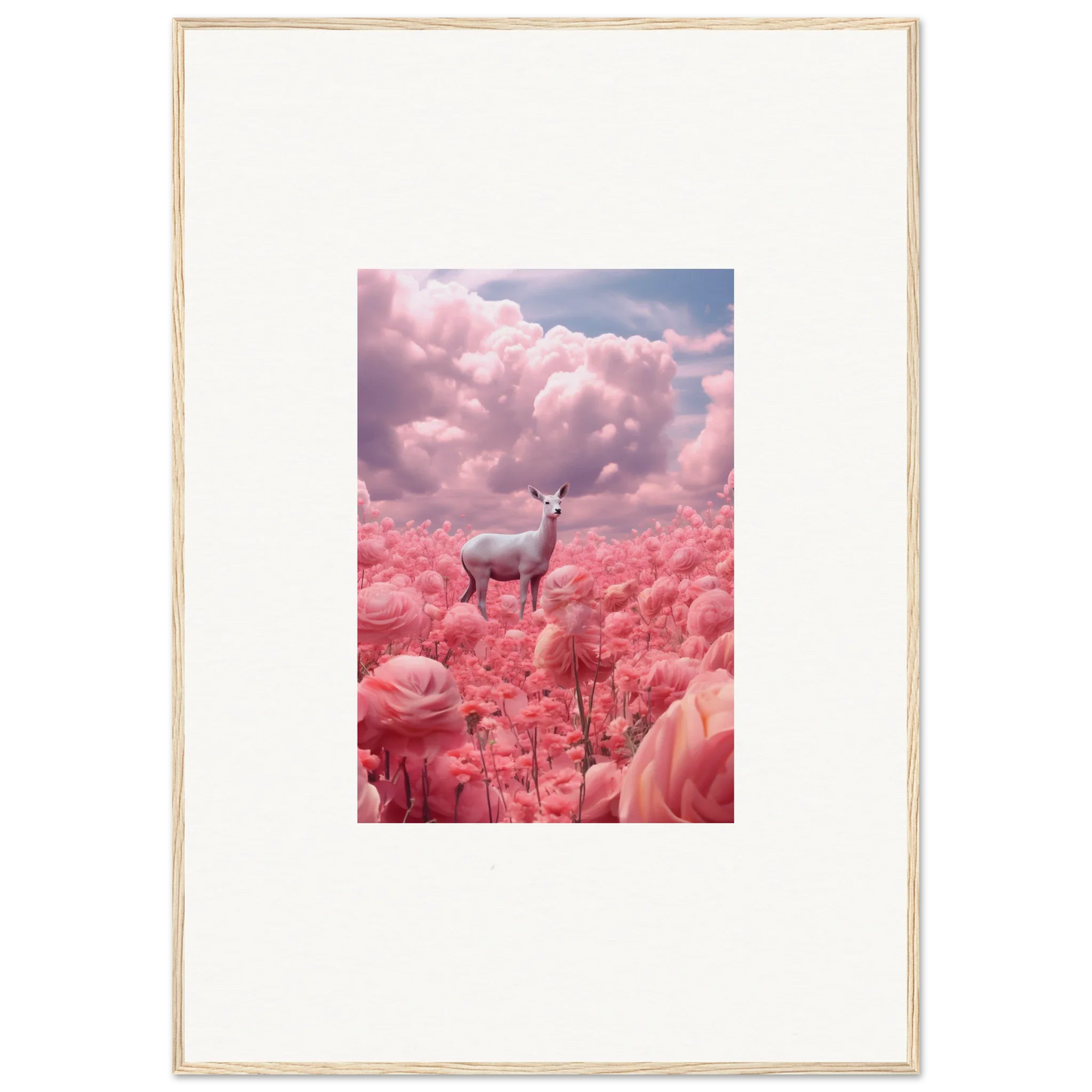 Deer in pink flowers and fluffy clouds for dreamy wall art in Petaled Phantasm