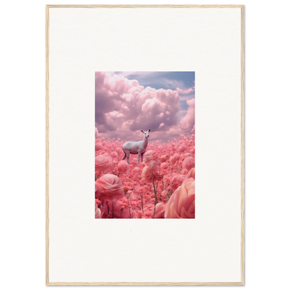 Deer in pink flowers and fluffy clouds for dreamy wall art in Petaled Phantasm