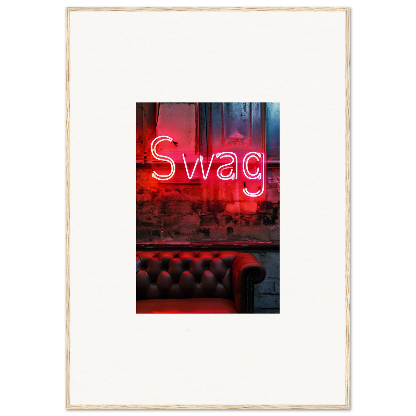 Neon red Swag sign above tufted leather, perfect for trendy room decoration wall art