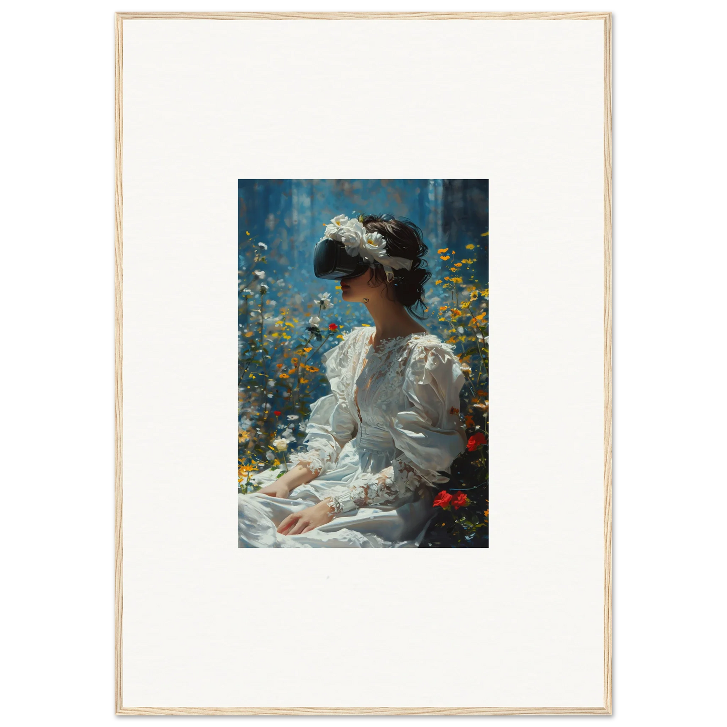 Framed canvas print of a woman in a white dress for a bloom reverie room decoration