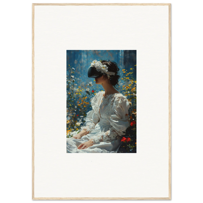 Framed canvas print of a woman in a white dress for a bloom reverie room decoration