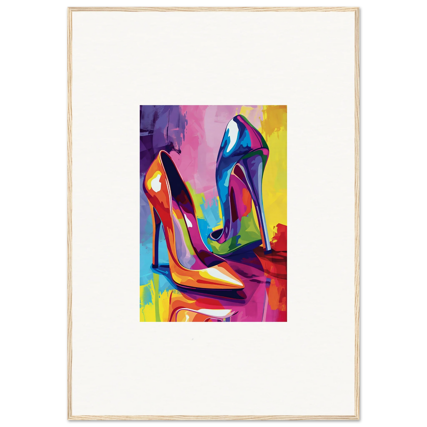 Colorful abstract canvas print of high-heeled shoes for fun room decoration wall art