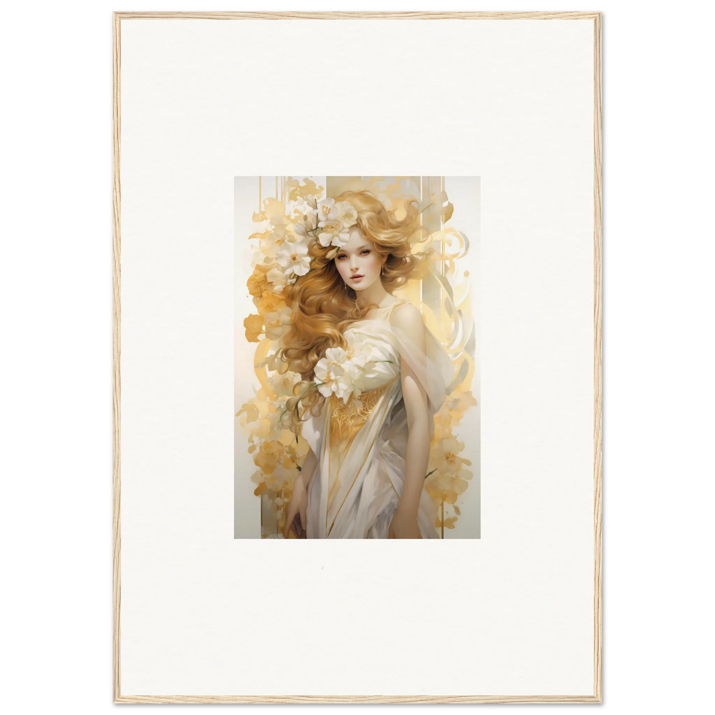 Framed wall art of an ethereal woman with golden hair in Flora Serenade decor