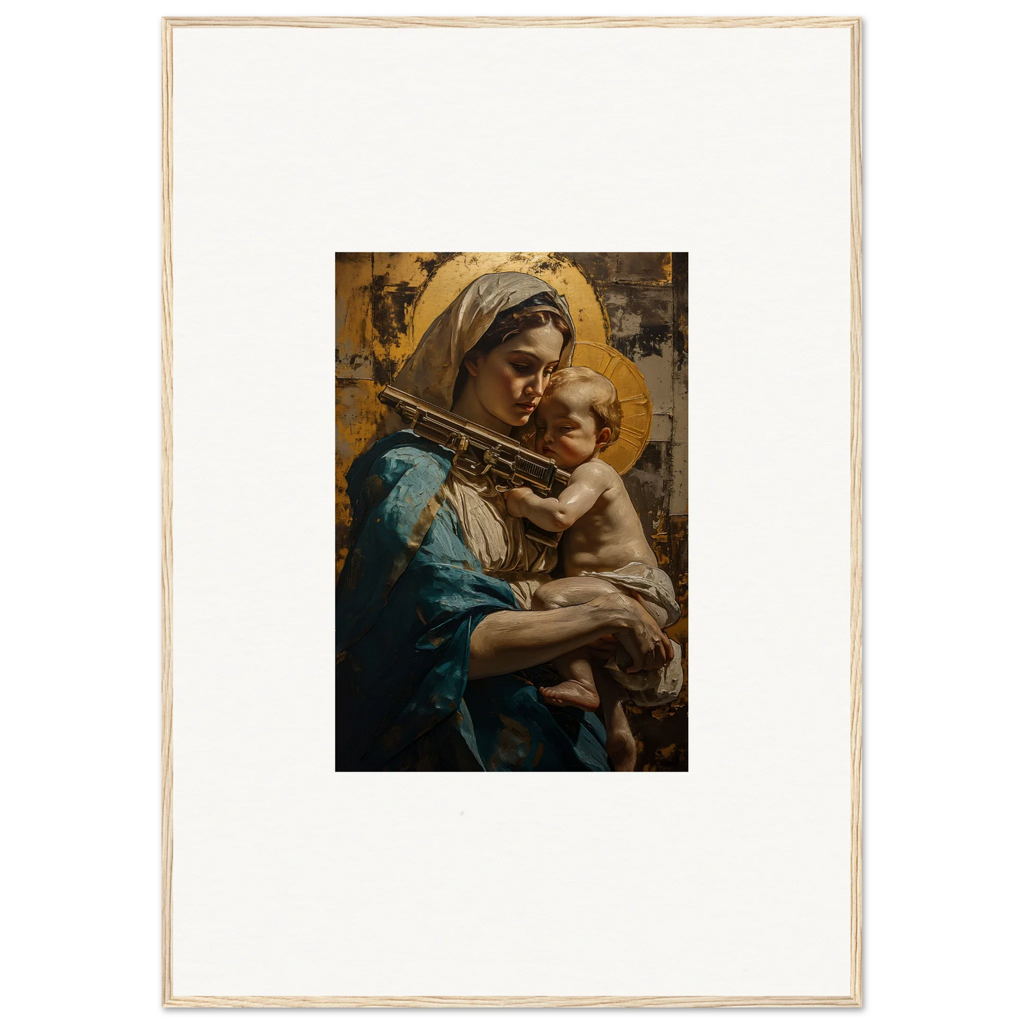 Framed canvas print of a woman in blue with child, perfect for loving sentinence room decoration