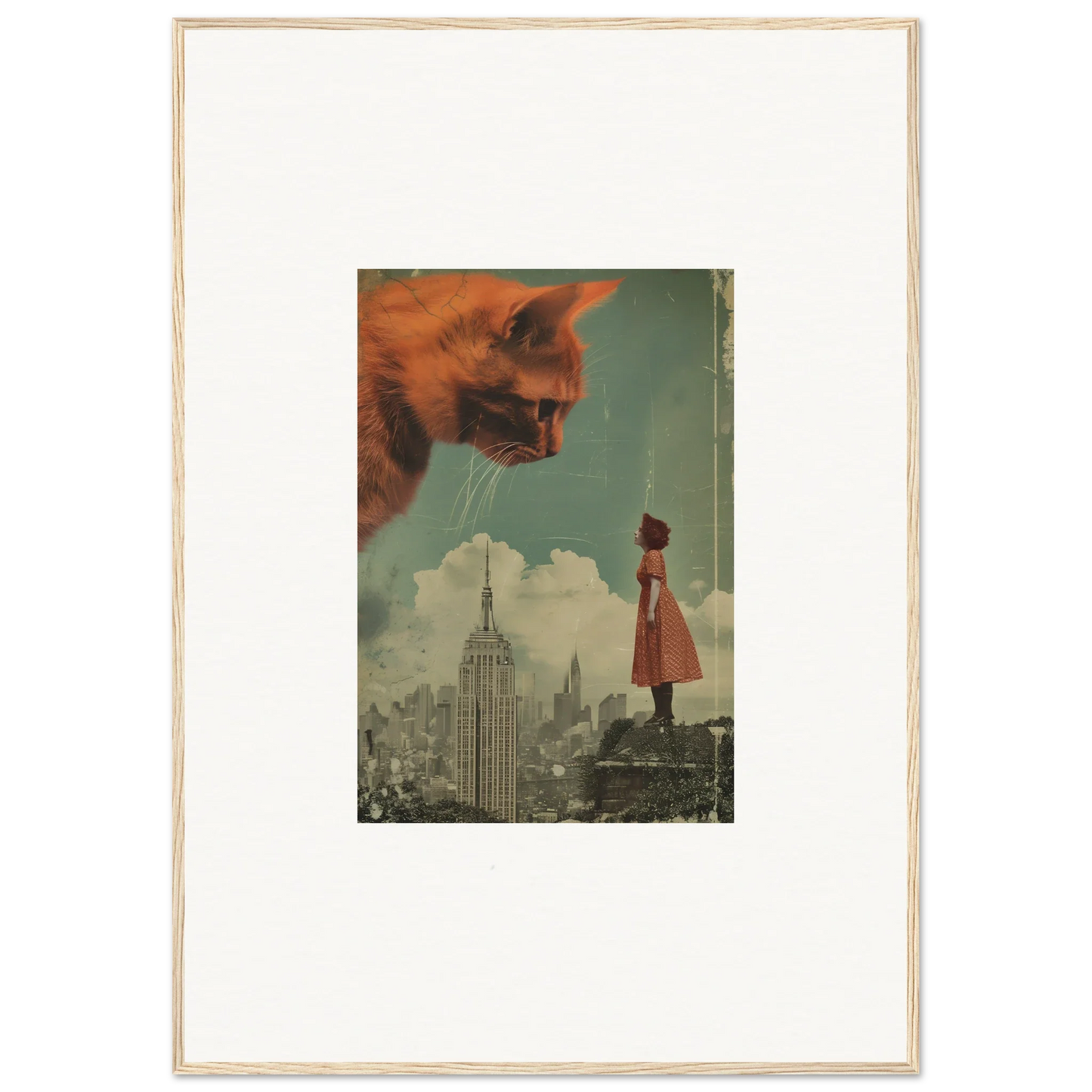 Surreal Framed Wall Art of a Giant Cat’s Head in Giants Gaze Over a Cityscape