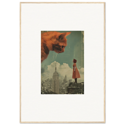 Surreal Framed Wall Art of a Giant Cat’s Head in Giants Gaze Over a Cityscape