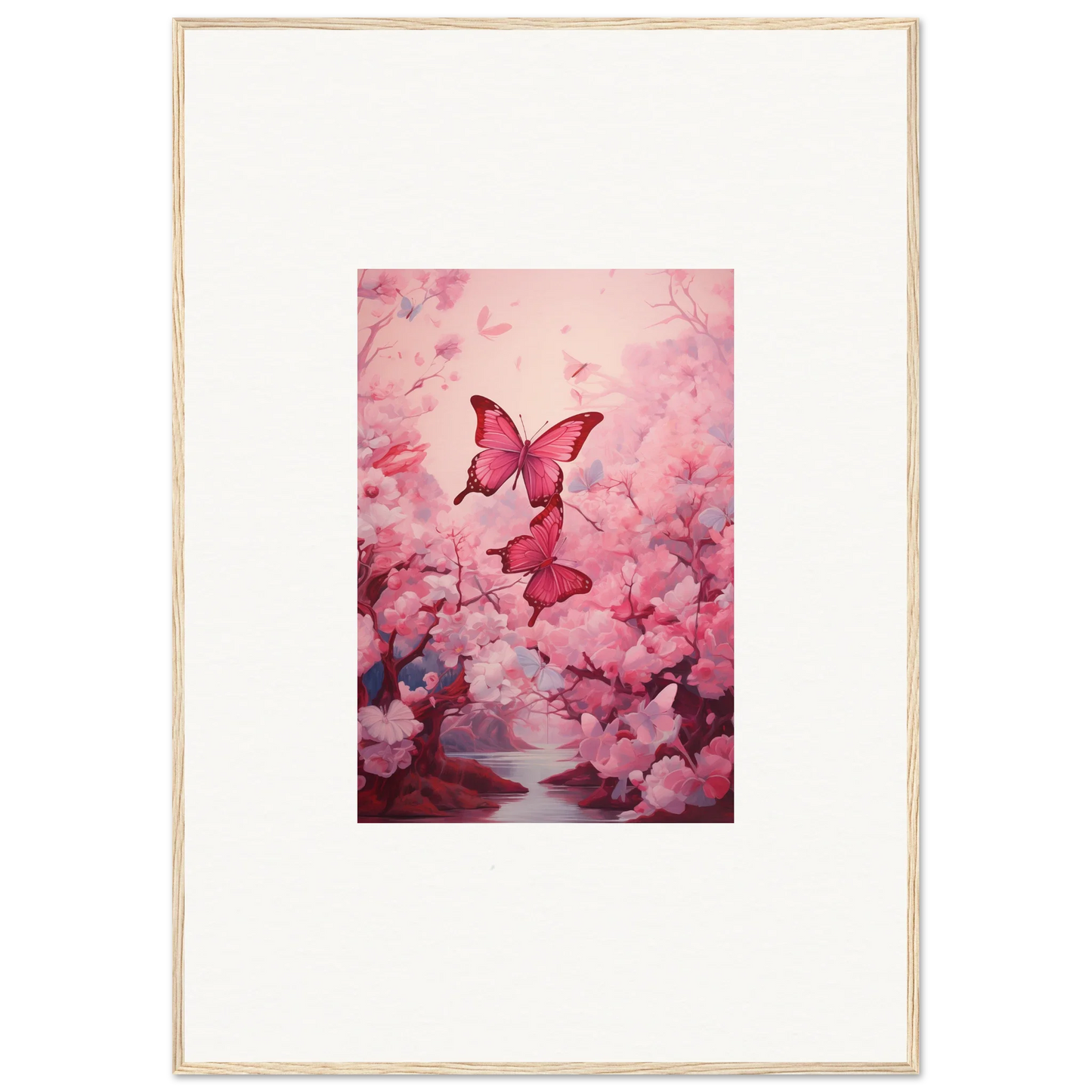 Framed canvas print of pink butterflies and cherry blossoms for spring euphoria room decoration