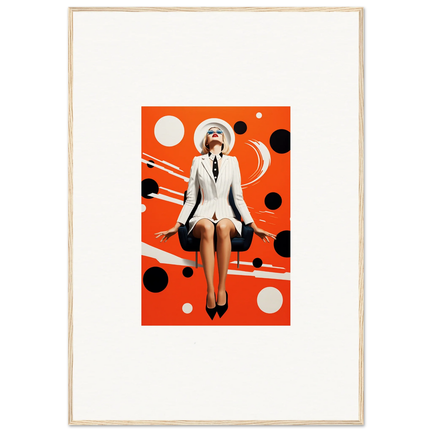 Stylized woman in a white suit on orange polka-dot, perfect for Ecliptic Eventsatz canvas print