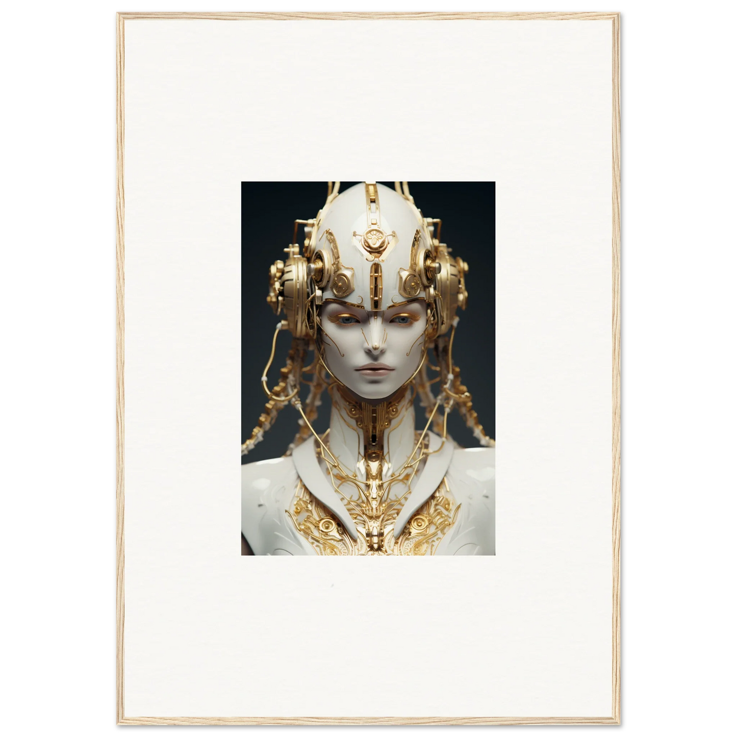 Ornate golden headdress and necklace on a serene figure in a canvas print of Flux Radiance