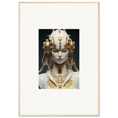 Ornate golden headdress and necklace on a serene figure in a canvas print of Flux Radiance