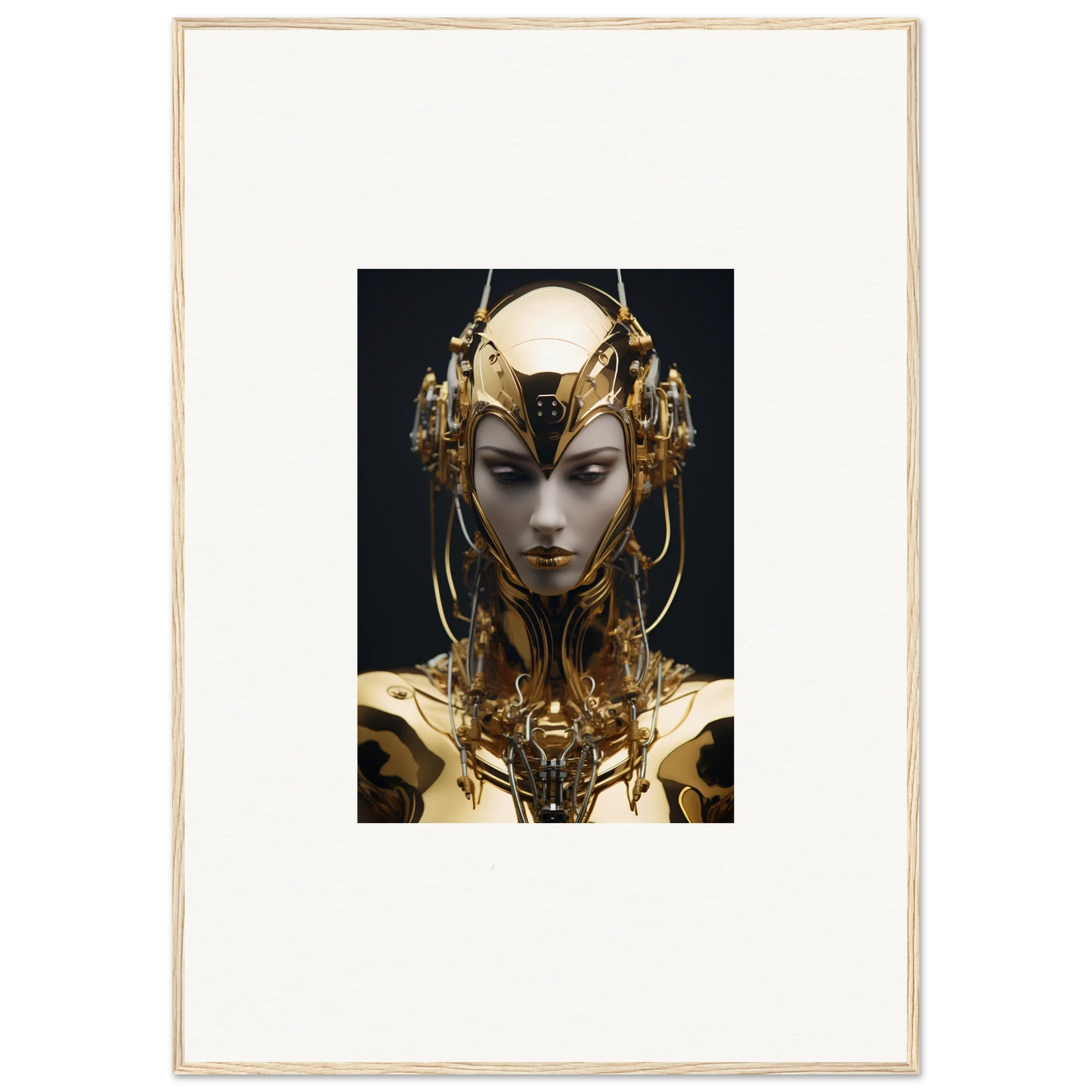 Futuristic golden robotic head with ornate headdress for a unique Chirping Inventrix canvas print