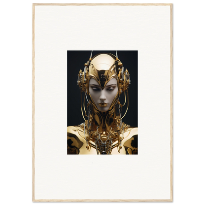 Futuristic golden robotic head with ornate headdress for a unique Chirping Inventrix canvas print