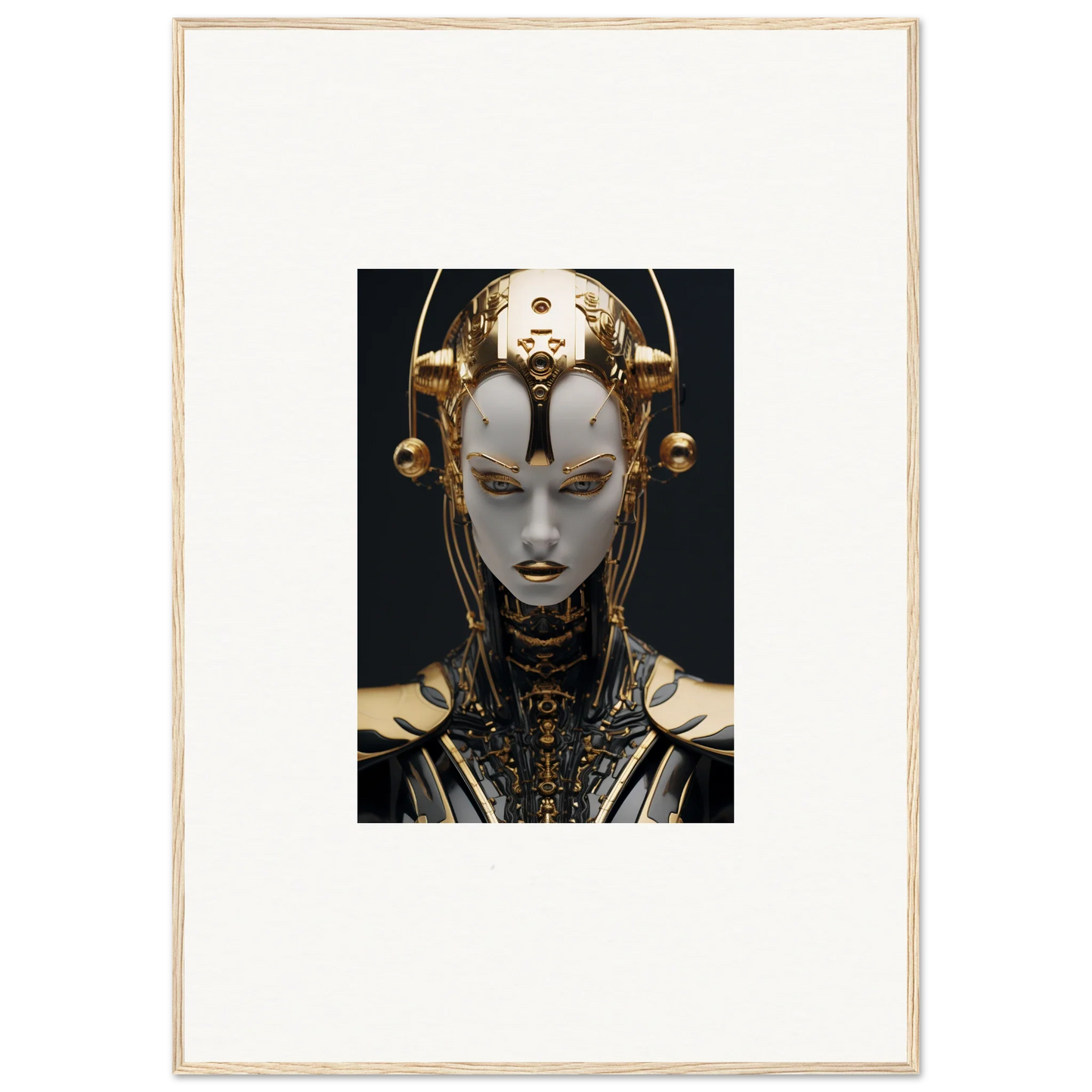 Futuristic robotic face with golden headpiece, perfect for Kinetic Fulgrid Manifestation canvas print