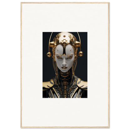 Futuristic robotic face with golden headpiece, perfect for Kinetic Fulgrid Manifestation canvas print