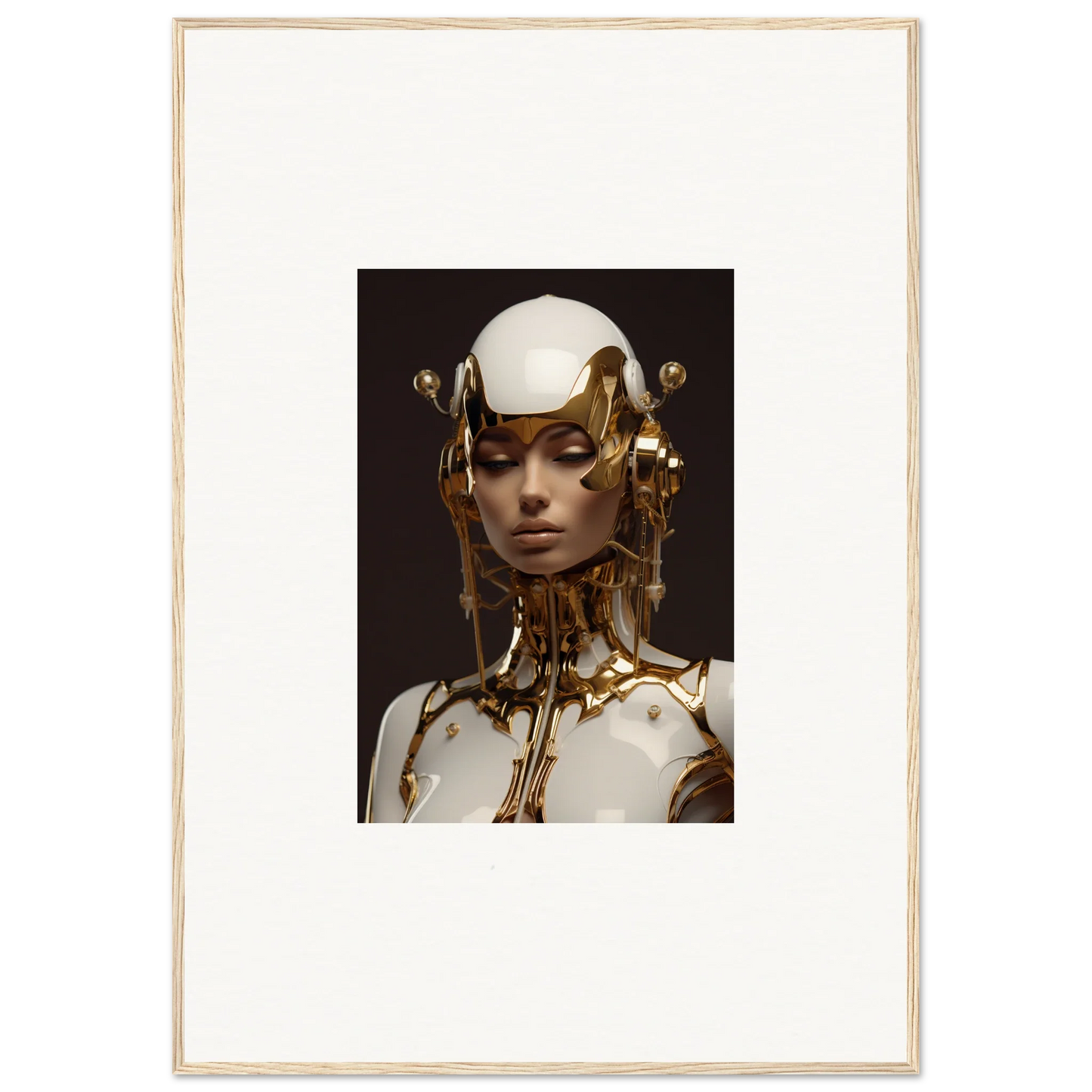 Unique wall art featuring a figure with a white dome head and gold accents