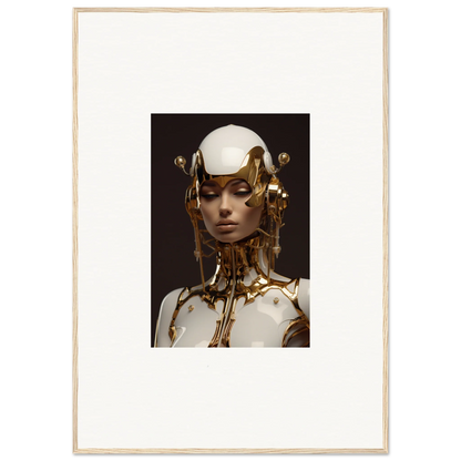 Unique wall art featuring a figure with a white dome head and gold accents