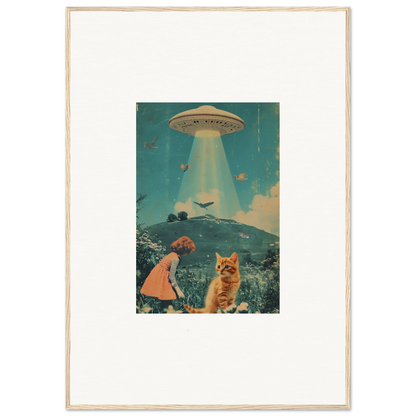 Surreal canvas print of a UFO over a landscape with a child and cat for room decoration