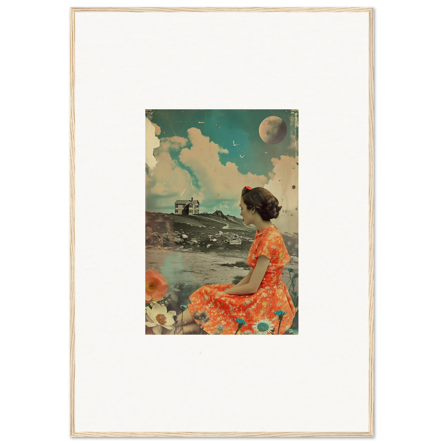 Vintage collage canvas print of a woman in an orange dress for colorful room decoration